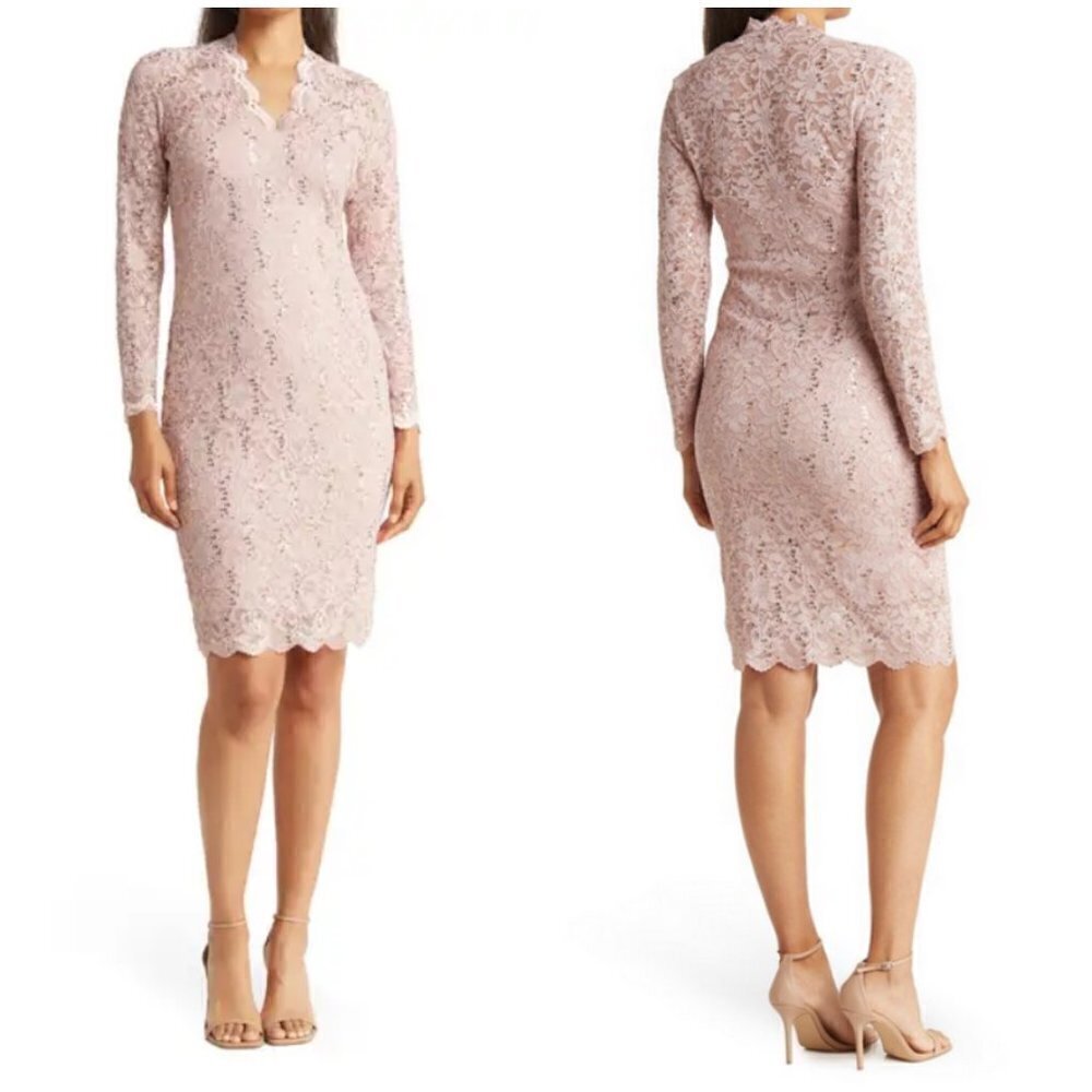 💕MARINA💕 Scalloped Sequined Lace Sheath Dress ~ Blush Medium M NWT